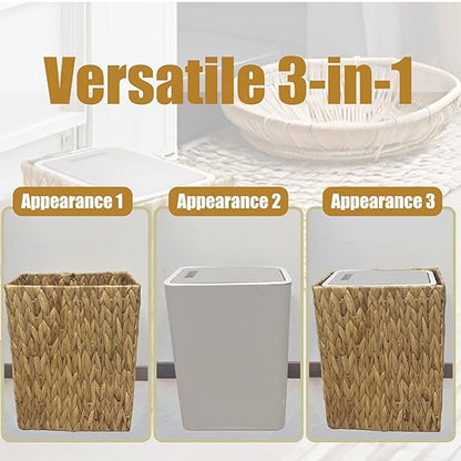 Yatmung Wicker Trash Can with Lid - Bathroom Trash Can with Lid - 3.5 Gallon Rattan Trash Bin - Woven Trash Cans - Waste Basket for Bedroom, Living Room, Office - Press Top - Boho Bathroom Garbage Can