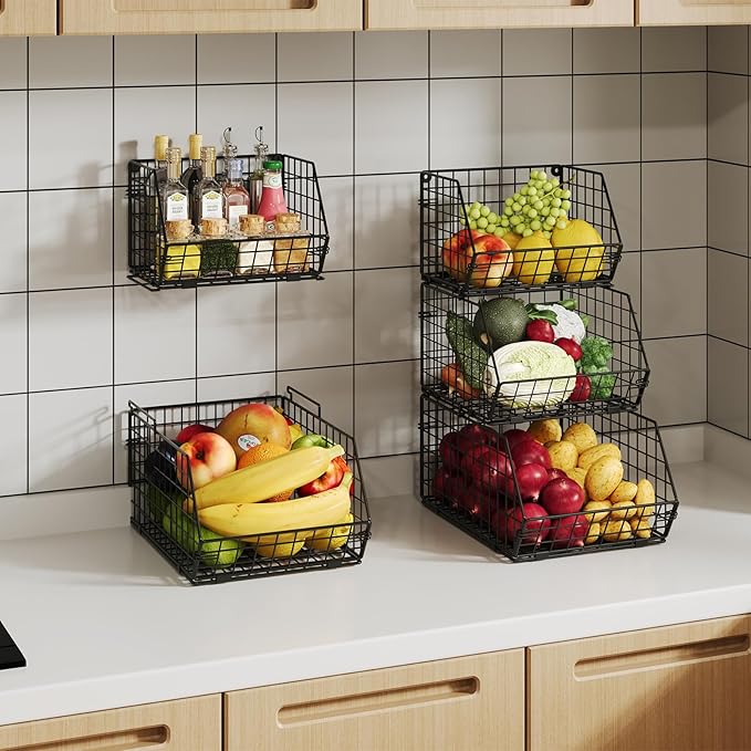 2 Tier Stackable Wire Basket-Kitchen Counter, Pantry Organization and Storage - Cabinet, Countertop Space Saving Organizing - Produce, Fruit, Vegetable,Onion, Potato, Bread Organizer Bin