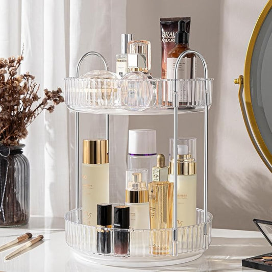 ALUYUYO Rotating Makeup Organizer, 360° Spinning Makeup Storage Holder Rack, Dresser Bathroom Organizer Countertop, Large Capacity Perfume Skincare Lipstick Organizer for Vanity.(2 Tiers, Transparent)