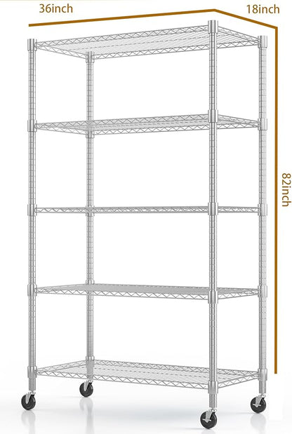 Himimi 5-Tier Heavy Duty Steel Wire Rack Storage Shelving, Adjustable Metal Storage Shelves with Wheels, 82''H Wire Shelf for Kitchen Garage Basement Pantry Organization, 18" D×36" W×82" H-Silver