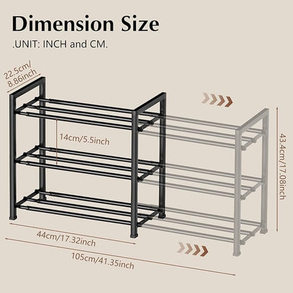 3-Tier Expandable Shoe Rack, 【17“-41“ 】Metal Shoe Shelf Organizer Storage, Adjustable Shoe Shelf Storage Organizer for Entryway/Closet, Space-Saving Shoes Shelfs for Large Families & Renters