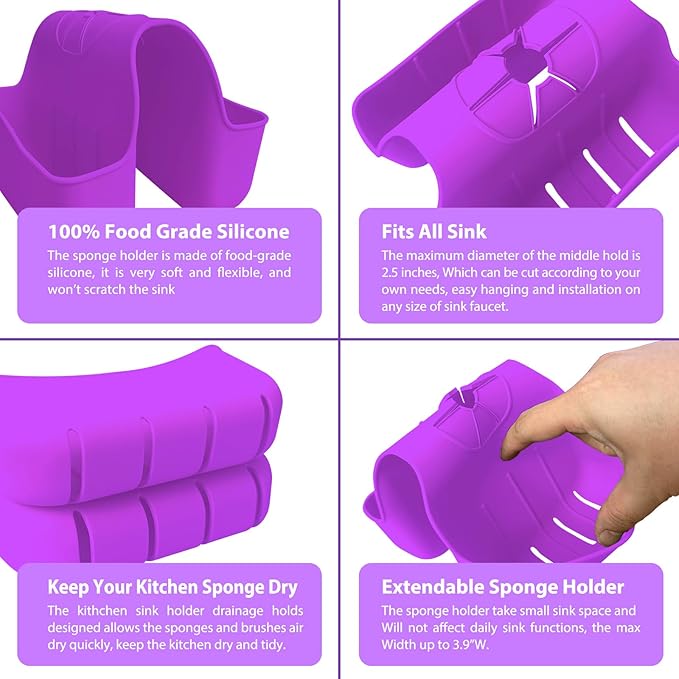 OKeanu Sponge Holder for Kitchen Sink, Silicone Sink Saddle Caddy Organizer Rack, Sponges Holder Over Faucet, Hanging Kitchen Organizer Accessories Rack Basket - Purple