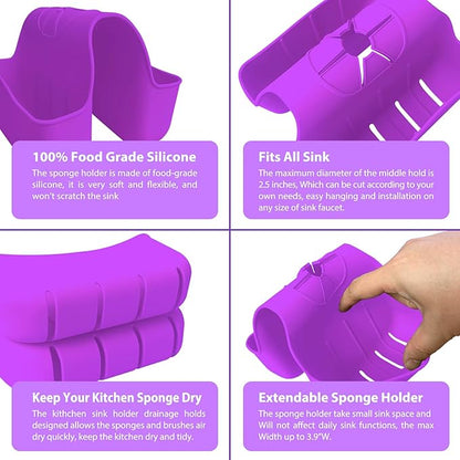 OKeanu Sponge Holder for Kitchen Sink, Silicone Sink Saddle Caddy Organizer Rack, Sponges Holder Over Faucet, Hanging Kitchen Organizer Accessories Rack Basket - Purple