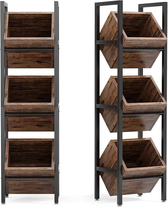 LITTLE TREE 3-Tier Basket Stand, Wooden Floor Stand Shelving Unit, Rustic Standing Organizer Storage Rack for Kitchen, Bathroom, Living Room