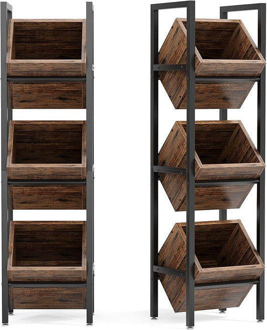 LITTLE TREE 3-Tier Basket Stand, Wooden Floor Stand Shelving Unit, Rustic Standing Organizer Storage Rack for Kitchen, Bathroom, Living Room