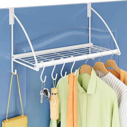 Tajsoon Over The Door Hanger with Storage Rack and 6 Hooks, Over The Door Clothes Rack for Hanging Coat, Over Door Clothes Hanger for Bathroom, Bedroom, Living Room, White