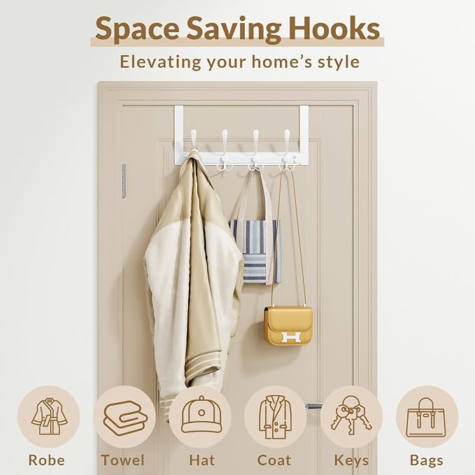BAKON Over The Door Hooks with 4 Triple Hooks, Heavy Duty Over Door Hanger for Bathroom Closet Bedroom Kitchen Dorm Room, Towel Coat Rack Home Organizer for Hanging Clothes Coat Hat Jacket (1, White)
