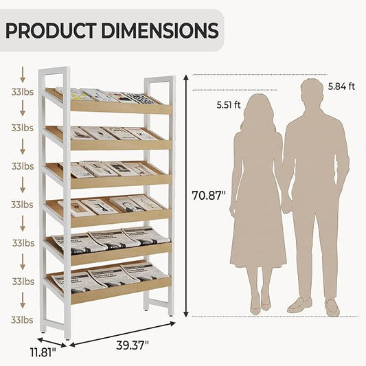 Floor-Standing Magazine Rack 6 tier, Newspaper Holder 38° Slant, Book Display Shelf, Brochure Display Stand for Exhibitions Shopping Malls Hospitals Offices School (White)