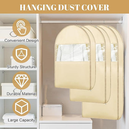 Space Saving Hanging Garment Bag with Self Compression Seal, Large Clear Garment Storage Bags for Jackets and Suits, Closet Bags Clothes (Beige, 3PCS(XL))