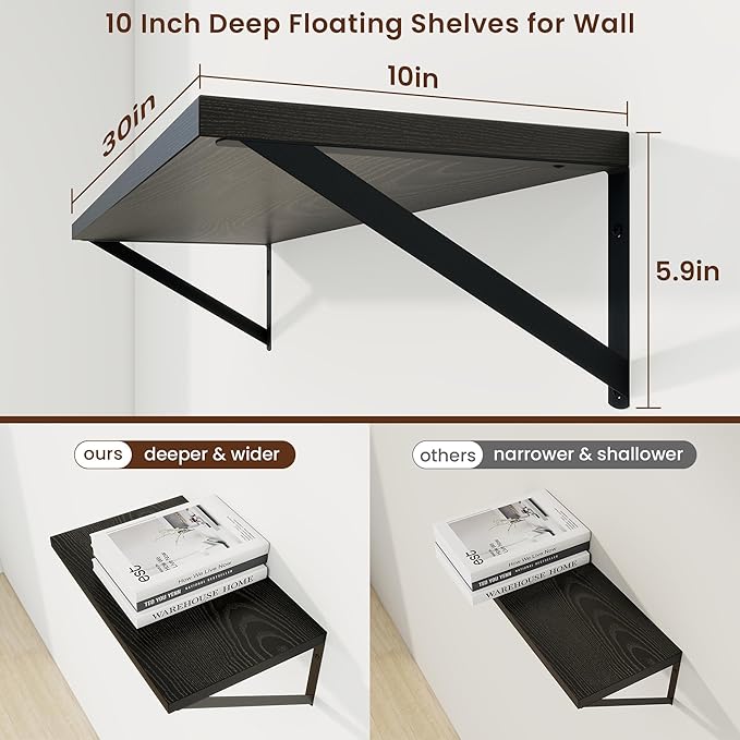 Axeman 30 Inch Floating Shelves | 10 Inch Deep Black Wall Shelves Set of 2 | 30" W x 10" D Black Wood Floating Shelves for Living Room Bathroom Kitchen