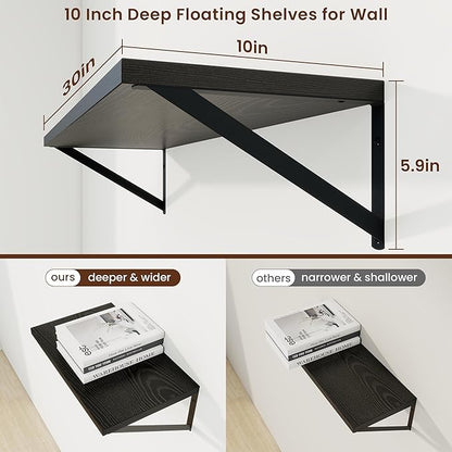 Axeman 30 Inch Floating Shelves | 10 Inch Deep Black Wall Shelves Set of 2 | 30" W x 10" D Black Wood Floating Shelves for Living Room Bathroom Kitchen