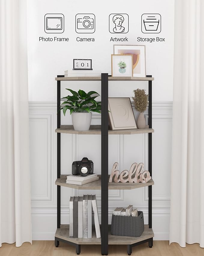 Corner Shelf Stand, Corner Bookshelf, Storage Standing Shelf Unit with Metal Frame, Plant Stand, Corner Bookcase for Living Room, Home Office, Bedroom, 4-Tier Greige CS05805B