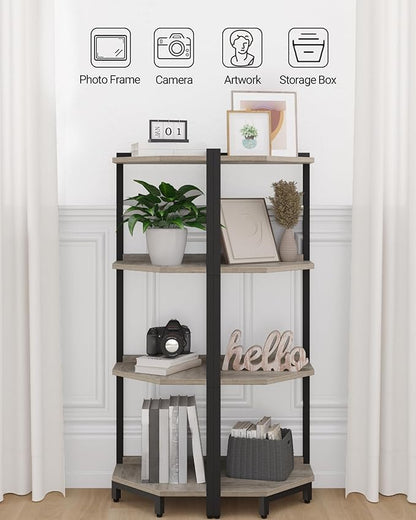 Corner Shelf Stand, Corner Bookshelf, Storage Standing Shelf Unit with Metal Frame, Plant Stand, Corner Bookcase for Living Room, Home Office, Bedroom, 4-Tier Greige CS05805B