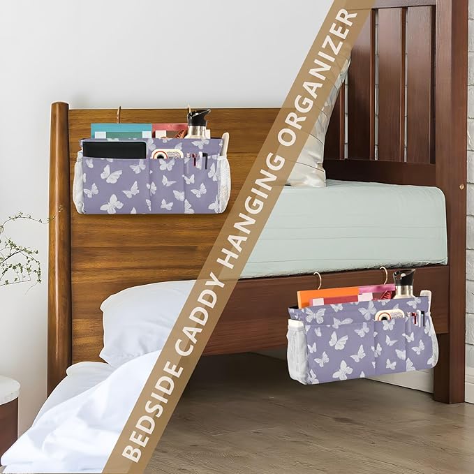 CuwrYet Bedside Caddy Hanging Bunk Bed Caddy Bed Organizer Hanging Pocket with 2 Hooks Bedside Storage Organizer Pocket Bag Holder White Butterfly Purple