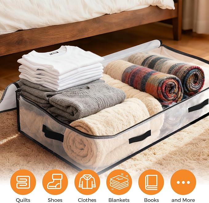 EdenDwell 4 Pack Under Bed Storage Bags, 90L Foldable Clear Storage Containers with Handles, Dual Zippers for Comforter, Clothes, Bedding, Linen Sheets, Sweaters, Blanket Storage