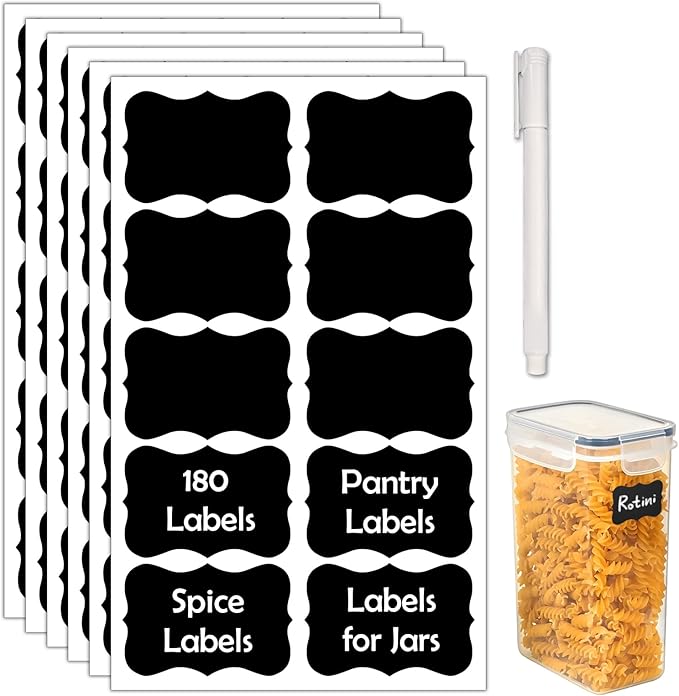 180Pcs Chalkboard Labels for Jars, Waterproof Reusable Blackboard Stickers with 1 Liquid Chalk Markers, Organization Labels Removable (Black, Wavy)