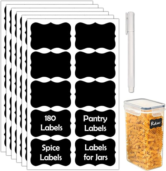 180Pcs Chalkboard Labels for Jars, Waterproof Reusable Blackboard Stickers with 1 Liquid Chalk Markers, Organization Labels Removable (Black, Wavy)