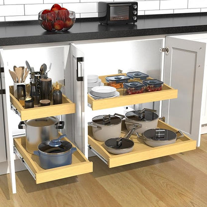 2 Tier Pull Out Cabinet Organizer, 23"W x 21"D Solid Wood Heavy-Duty Base Bottom Assembly Slide out Drawer Shel Cabinet Organization for Kitchen, Pantry, Bathroom