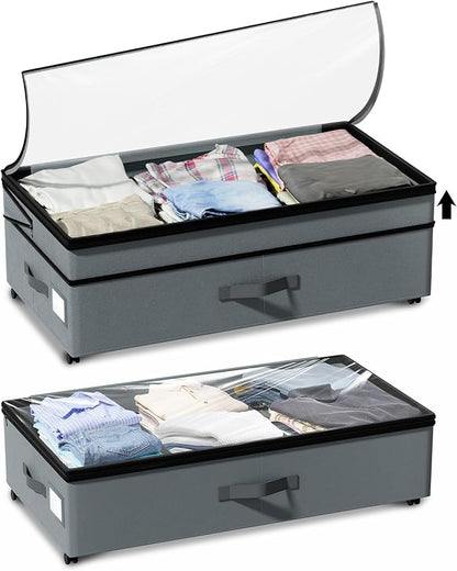 Vadmas 2-Pack Under Bed Storage Containers with Wheels, 75L Each Underbed Storage Organizer with Clear Handles, Collapsible Under Bed Storage Boxes for Clothes, Bedding, Max Load 80 LBS, Gray