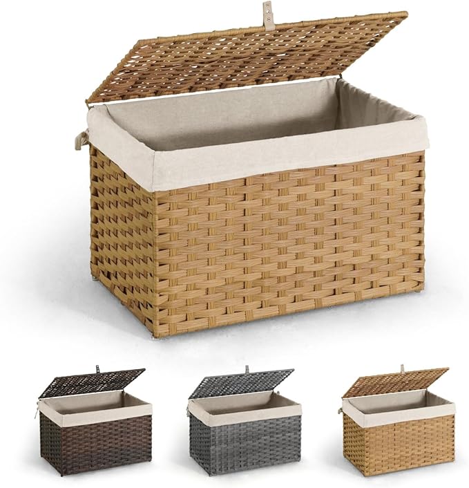 CAPHAUS Handwoven Storage Basket w/Lid and Handles, 2 Removable Liner Bags, Foldable Clothes Basket for Laundry, Large Synthetic Rattan Laundry Basket w/Lid, Laundry Basket w/Lid, 105L, Natural