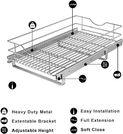 Pull Out Cabinet Organizer, (11½"W x 20" D), Soft Close Pull Out Cabient Drawer, Slide Out Cabient Organizer for pot and pan Kitchen Base Cabinet, Pantry Organization, Bathroom, Wire Basket