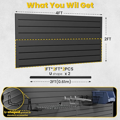 SlatWall Paneling 4x2 FT, PVC Slat Wall Panels with 8 Hooks Heavy-Duty Garage Organization System, Slatwall Pegboard Suitable for Home、Garage、Shop Wall Display & Organization (Black)