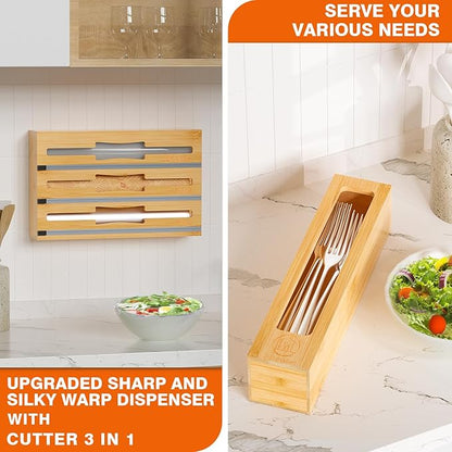 DALSHABET 9 IN1 Bamboo Storage Bag Drawer Organizer with Cutter, Foil and Plastic Wrap Dispenser for Kitchen Storage Compatible with All Brands Gallon, Quart, Sandwich & Snack Size Bags - Beige