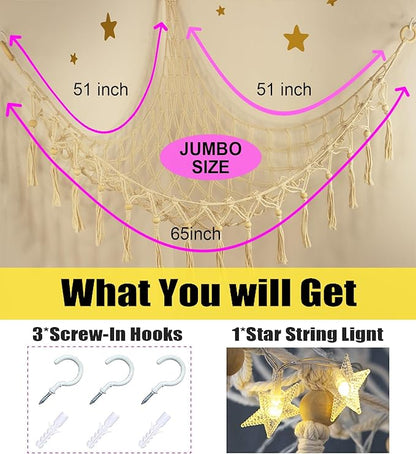 Stuffed Animal Toy Storage Hammock with LED Light-Macrame Jumbo Doll Room Corner Organizer Mesh Decoration-Hanging Storage Nets Kids Bedroom, (X-Large Size)