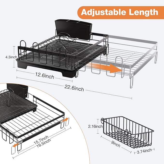 Vathingood Extendable Dish Drying Rack, Drying Rack with Automatic Drainboard, Dish Drainers for Kitchen Counter, Anti-Rust Dish Drainers with Cup Holders & Utensil, Black