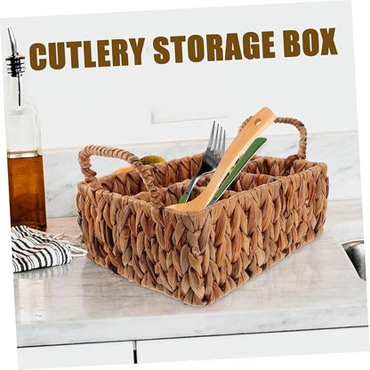 Hyacinth Woven Storage Basket for Home Organization Practical Divided Utensil Holder with Compartments Stylish Desktop Sundries Organizer for Kitchen and Dining Use