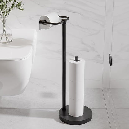 Toilet Paper Holder Stand, Post Pivoting Design Free Standing Toilet Paper Holder with Storage for 4 Rolls, SUS304 Stainless Steel Tissue Holder with Reserve, Heavy-Duty Base (Matte Black)