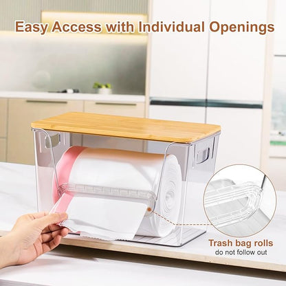 Wetheny 2-Pack Trash Bag Holder, Clear Acrylic Trash Bag Dispenser with Bamboo Lid, Extra-Large Garbage Bag Dispenser Holder Under-Sink Organizer for Kitchen, Cabinet, Pantry & Laundry Room