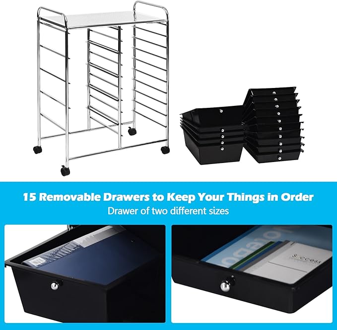 KOTEK 15-Drawer Rolling Storage Cart, Multipurpose Mobile Utility Cart with 4 Wheels, Home Office School Tools Scrapbook Paper Organizer (Black)