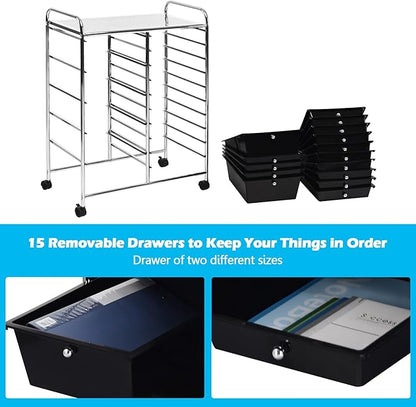 KOTEK 15-Drawer Rolling Storage Cart, Multipurpose Mobile Utility Cart with 4 Wheels, Home Office School Tools Scrapbook Paper Organizer (Black)