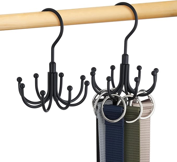 OMHOMETY Belt Hanger, 2 Pack Rotatable Belt Organizer for Closet, Accessories Rack, Space Saving Hanging Holder Storage Hook for Belt, Tie, Scarf, Purse, Bra, Tank Top, Black
