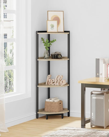Corner Shelf Stand, Corner Bookshelf, Storage Standing Shelf Unit with Metal Frame, Plant Stand, Corner Bookcase for Living Room, Home Office, Bedroom, 4-Tier Greige CS05805B
