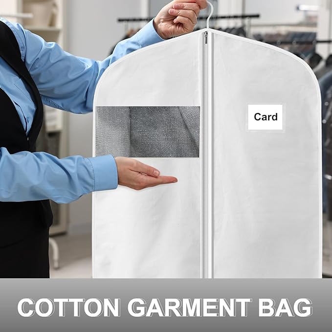 2 Pcs 100% Organic Cotton Garment Clothes Bag Short 40 Inch Breathable Proof Hanging Clothes Bag Covers with Viewing Window Card Pocket for Short Dresses Jackets Suits Organization