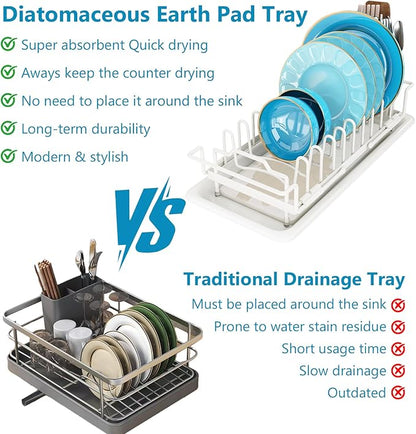 ouimei Sink Dish Drying Rack - Expandable Over Sink (15"-20" Fit), Diatomaceous Earth Tray for No-Drain Drying! Compact Dish Drainer for Small Kitchens, Apartments & RVs (White)