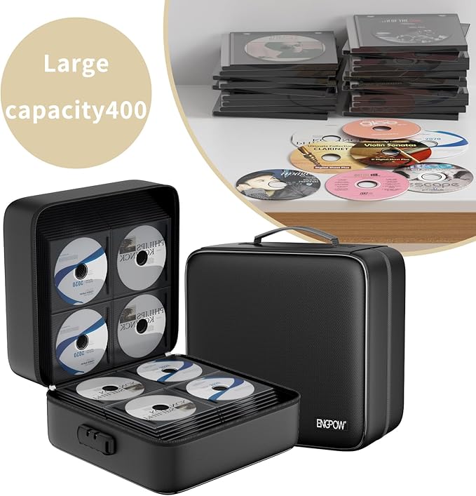 ENGPOW CD/DVD Storage Case with Lock,Fireproof CD/DVD Case Binder,400 Capacity CD Organizer Binder DVD Storage Holder with Zipper＆Handle,Portable Storage Binder Safe for Home Office Travel Car,Black
