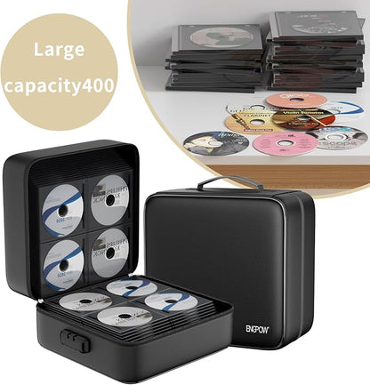 ENGPOW CD/DVD Storage Case with Lock,Fireproof CD/DVD Case Binder,400 Capacity CD Organizer Binder DVD Storage Holder with Zipper＆Handle,Portable Storage Binder Safe for Home Office Travel Car,Black