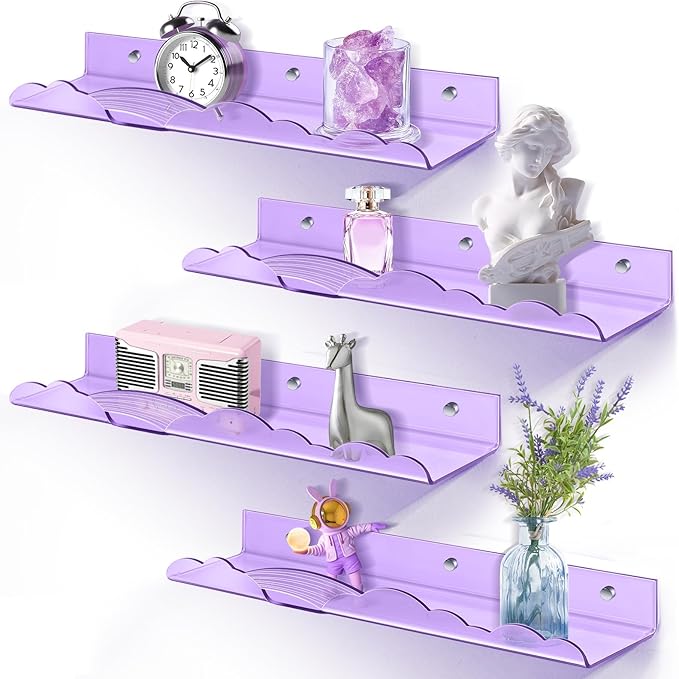 Rainbow Acrylic Floating Shelves, 15in Kids Wall Mounted Nursery Bookshelves, Display Ledge for Books Toys Cosmetic Storage, Bathroom Bedroom Living Room Wall Organizer, 4 Pack, Purple