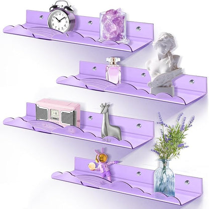 Rainbow Acrylic Floating Shelves, 15in Kids Wall Mounted Nursery Bookshelves, Display Ledge for Books Toys Cosmetic Storage, Bathroom Bedroom Living Room Wall Organizer, 4 Pack, Purple
