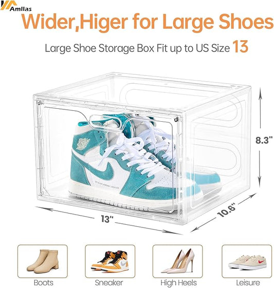 Amllas 8 Pack Shoe Boxes Clear Plastic Stackable, Large Shoe Storage Organizer with Lids,Drop Side Shoe Containers for Entryway,Sneaker Storage Fit up to US Size 13 (13’’x 10.6”x 8.3”)