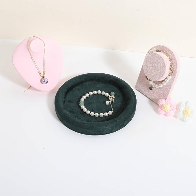 GemeShou Round Jewelry Organizer Plate, Top Microfiber Velvet Jewelry Display Tray, Empty Jewelry Showcase Tray for Necklaces, Bracelets, Rings, Earrings (Green-Small, 5.9 x 5.9 in)