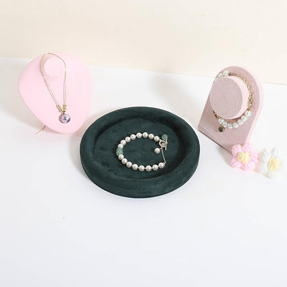 GemeShou Round Jewelry Organizer Plate, Top Microfiber Velvet Jewelry Display Tray, Empty Jewelry Showcase Tray for Necklaces, Bracelets, Rings, Earrings (Green-Small, 5.9 x 5.9 in)