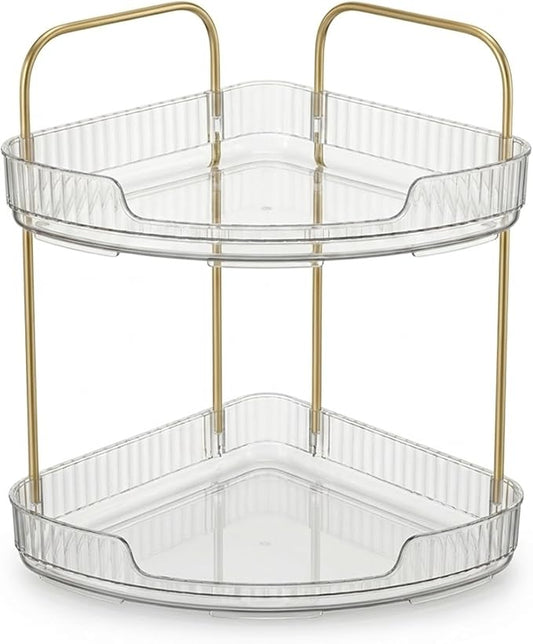 2-Tier Acrylic Corner Bathroom Organizer with Handle – Round Skincare & Makeup Storage Tray, Waterproof, Lightweight, Heat Resistant Vanity Shelf for Countertop, Kitchen, Bedroom, Dresser