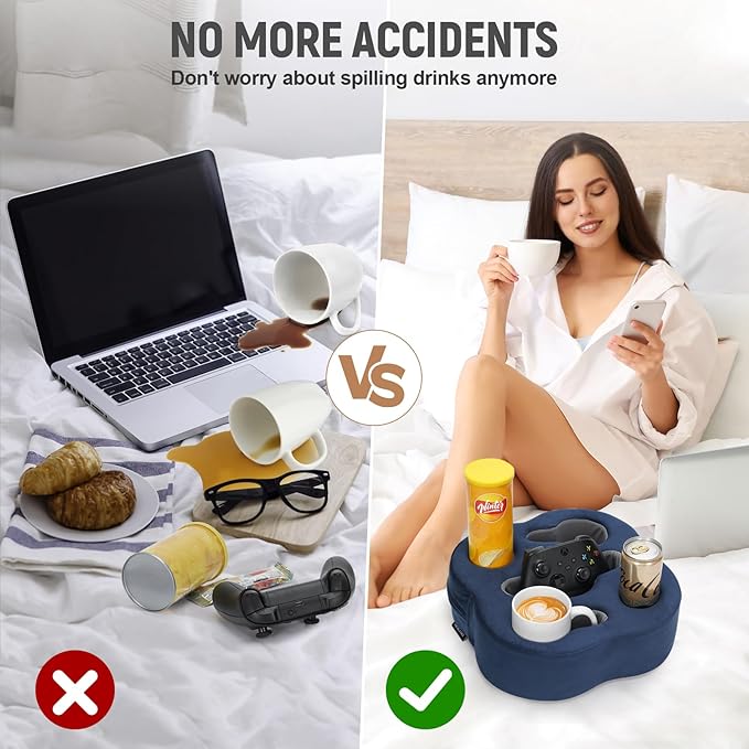 Couch Cup Holder Pillow, Sofa Organizer Caddy Bed Refreshment Tray for Drinks, Remotes, Phones, Snacks (Navy)