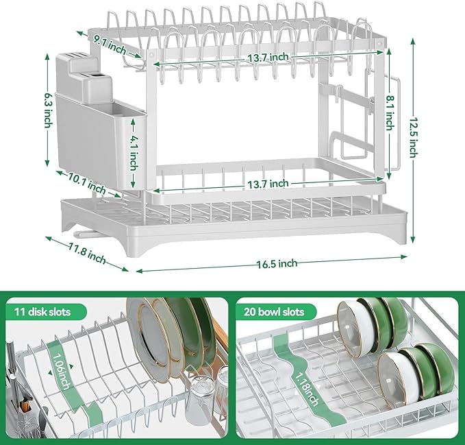 2-Tier Dish Drying Rack for Kitchen Counter - Space-Saving Dish Drainer with Extendable Drainboard, Removable Cutlery Holder, Cup & Knife Slots, Multifunctional Plate & Bowl Organizer (White)
