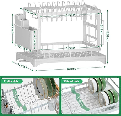 2-Tier Dish Drying Rack for Kitchen Counter - Space-Saving Dish Drainer with Extendable Drainboard, Removable Cutlery Holder, Cup & Knife Slots, Multifunctional Plate & Bowl Organizer (White)
