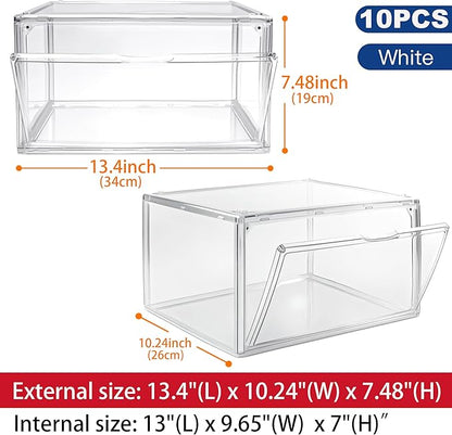 3BBYJL 10 Pack Acrylic Sneaker Shoe Display Case, Size 12.5 Clear Shoe Boxes Stackable Purse Handbag Collectibles Organizer with Magnetic Door, Size 12.5 for Men Women Shoes Rack